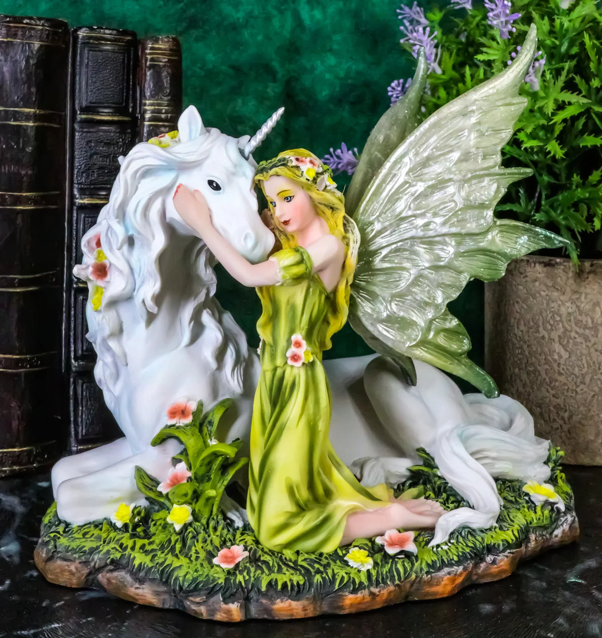 Green White With Floral Earth Figurine Gaia Unicorn Rare Statue Fairy 7"L Decor