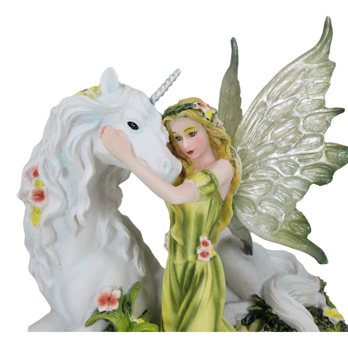 Green White With Floral Earth Figurine Gaia Unicorn Rare Statue Fairy 7"L Decor