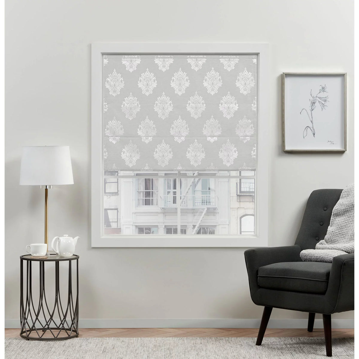 Damask Marseilles 100% Silver Shade, Blackout Roman 34"x64", Home Exclusive