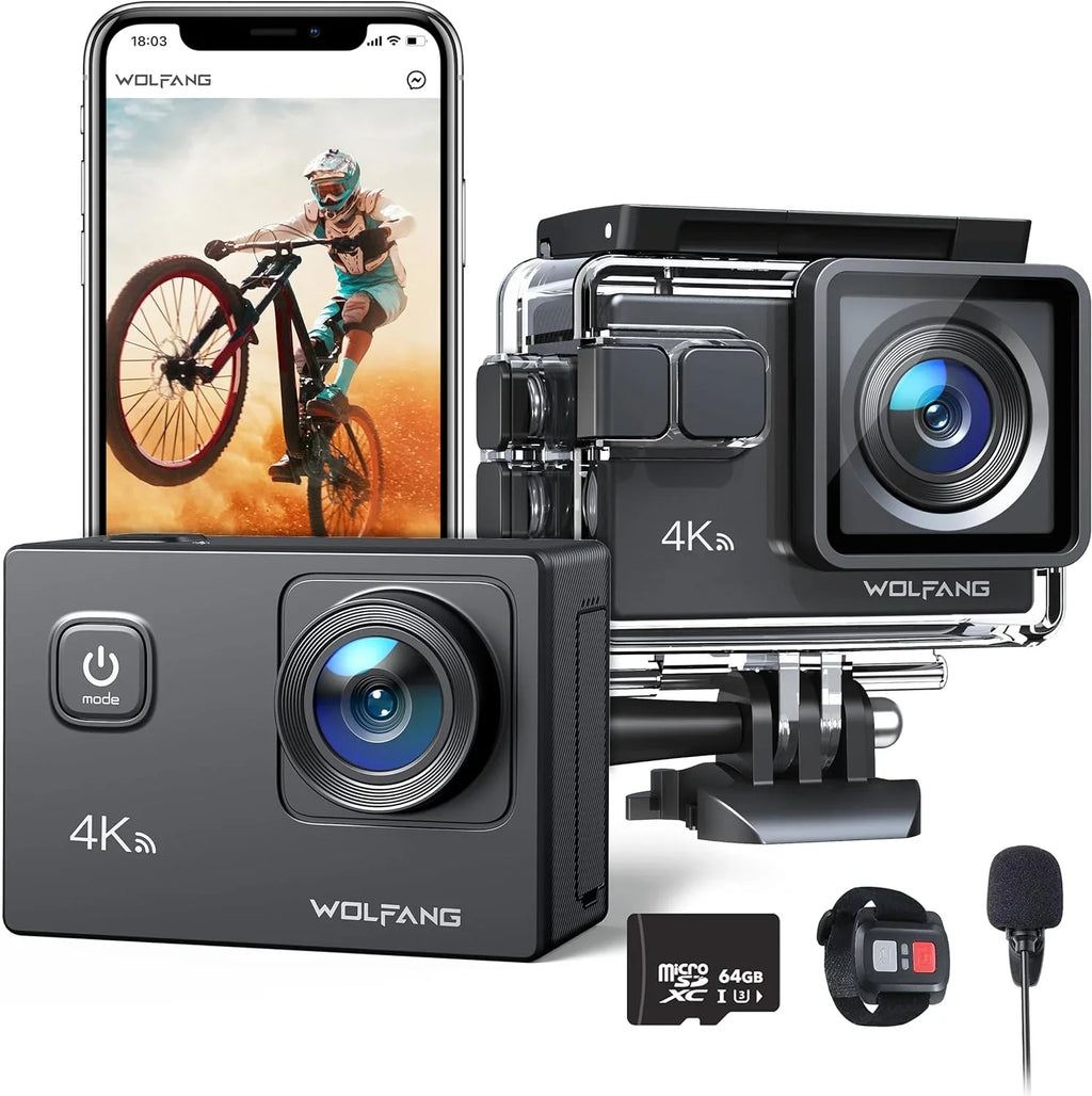 Stabilization 4K Camera Action WiFi Camera 20MP Cam Action Video Waterproof 170� Camera 40M EIS Underwater WOLFANG