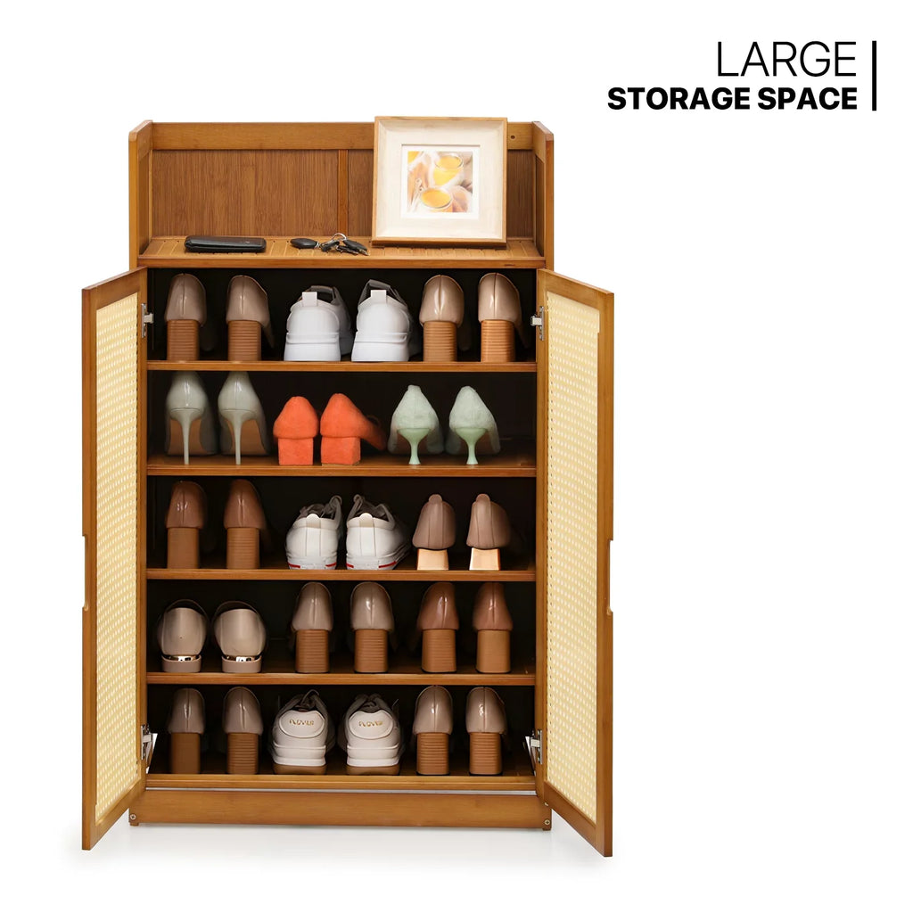 20 MoNiBloom ABS Storage Organizer with Cabinet Brown Shoe with Bamboo Cabinet, Wide Pairs Rattan Sneakers and Shelves, Heels Shoe 6-Tiers Rack Doors, Countertop