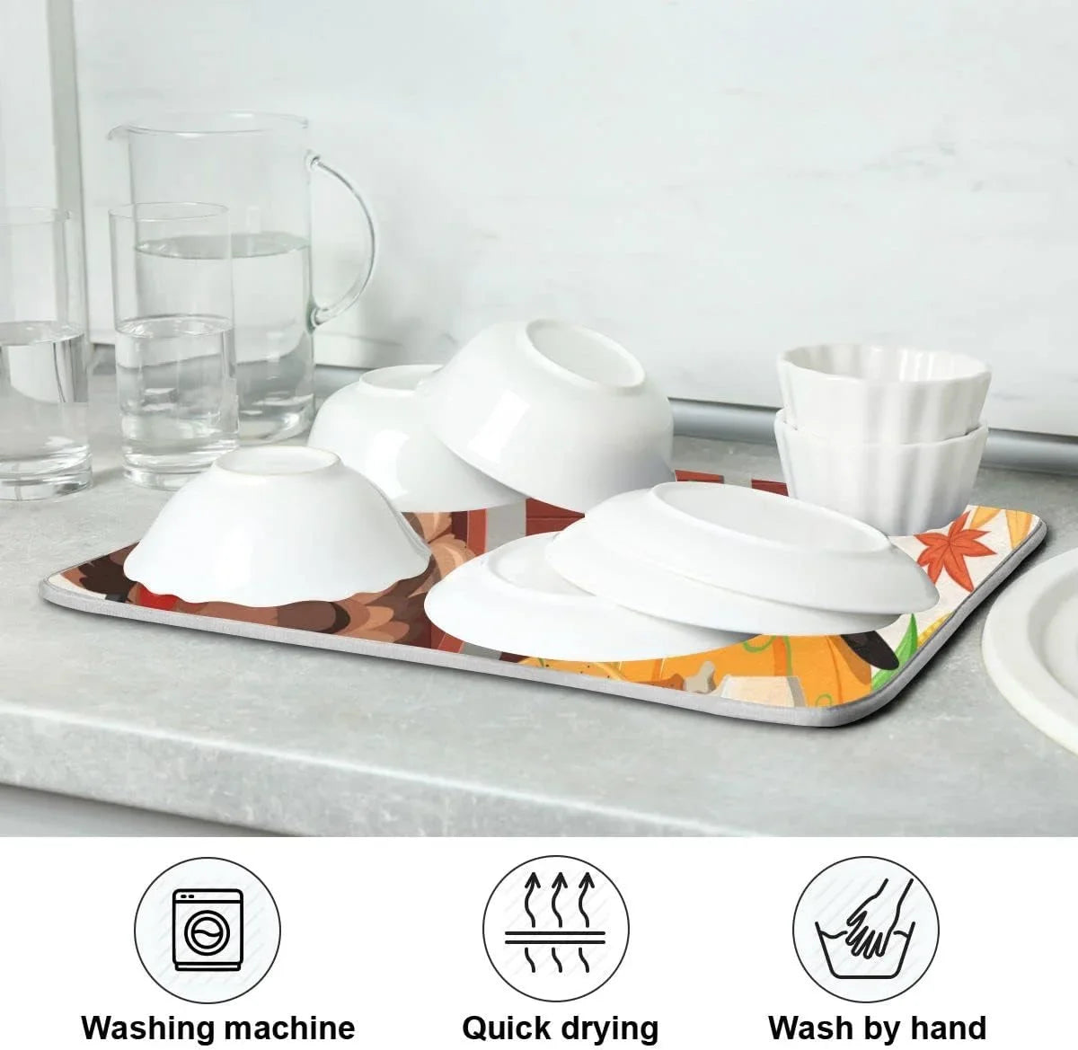 Harvest Wellsay Fall Mat Dry Kitchen Dish Dishes for Counter Accessories 16x18inch Turkey Happy Drainer Rack Pad Fast Dish Mats Autumn Drying Absorbent Thankgiving