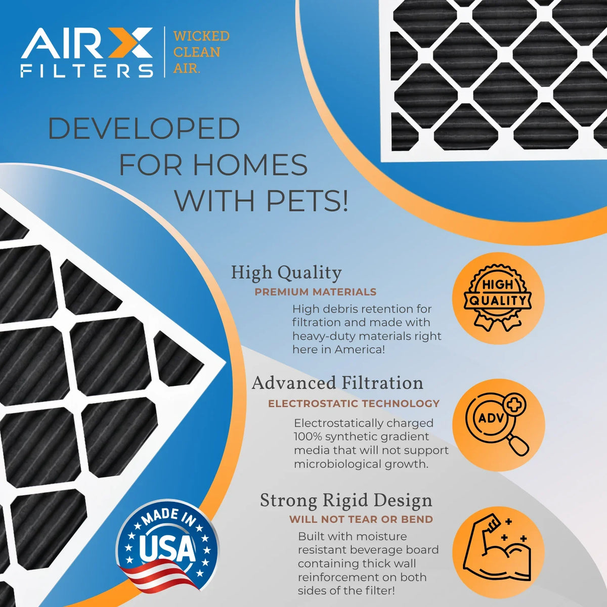 AIRX CLEAN AIR. USA MPR - 8 Rating, Filters Comparable WICKED Air Odor Filter in Made to Pack 12x24x1 by Retention FPR MERV of FILTERS 700, Furnace Filters 12 5, Pet