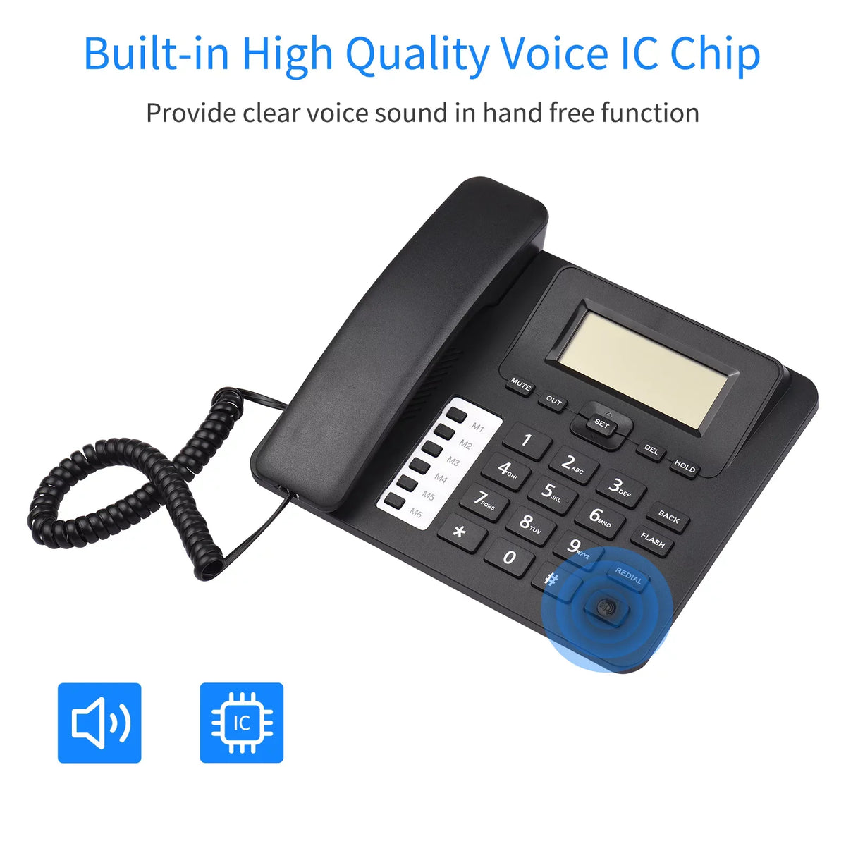 DTMF/FSK Telephone Dial/Ring Home Landline Elderly Black System Sound Phone Corded for IC Chip Date Real-time Control Hands-Free/Redial/Flash/Speed Dual Seniors Meterk Phone Built-in Support Desk