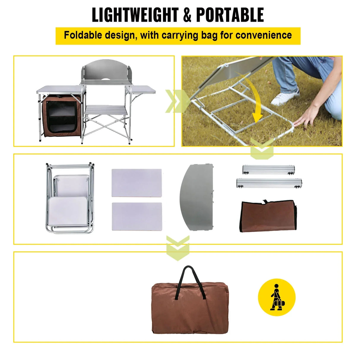 Camp Bag 2-Tier, Folding exterior Table Party, Zippered Color, Table Camping Table BBQ, SKYSHALO Cook Portable Camping, with for Brown Kitchen