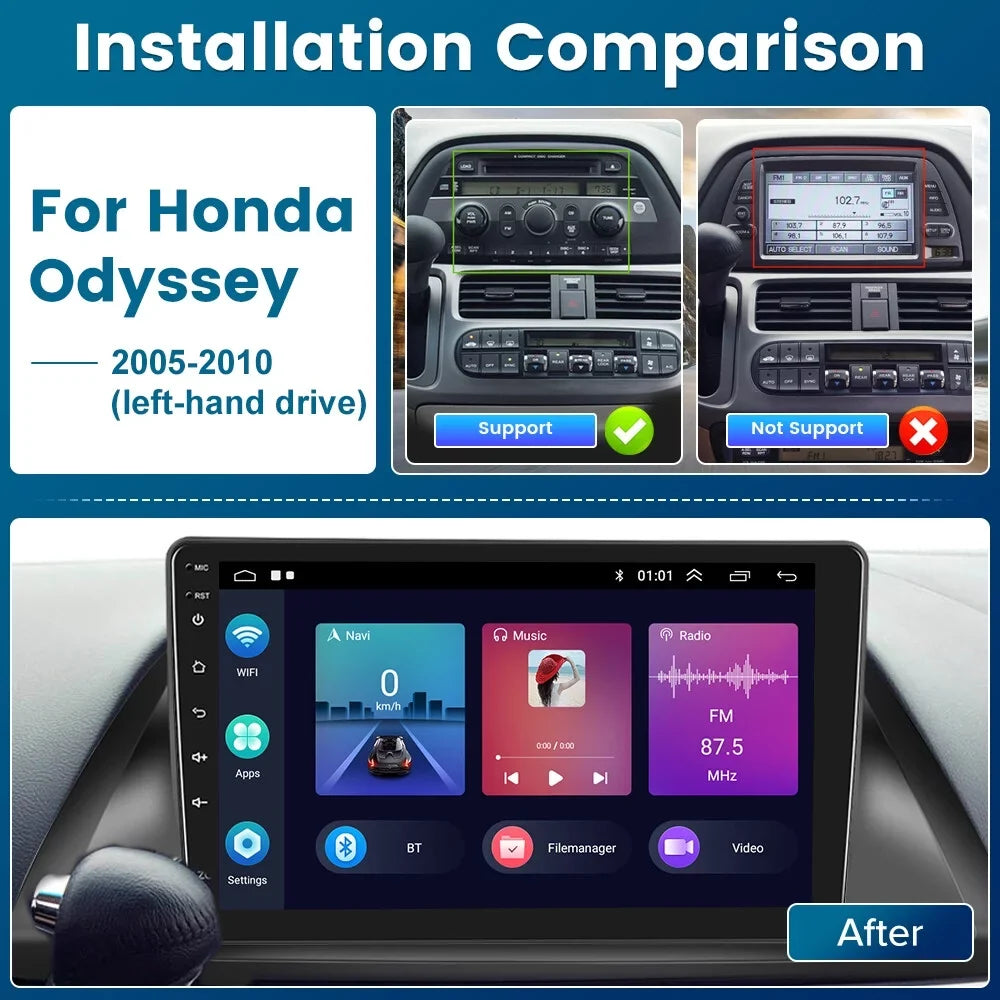 Odyssey for Camera Podofo FM Wireless 12 Android Android Screen Auto Car 10'' Mirror Hifi 2+32G Honda Bluetooth Cable,AHD GPS WIFI Link Carplay 2005-2010 Backup Touch Radio Stereo USB