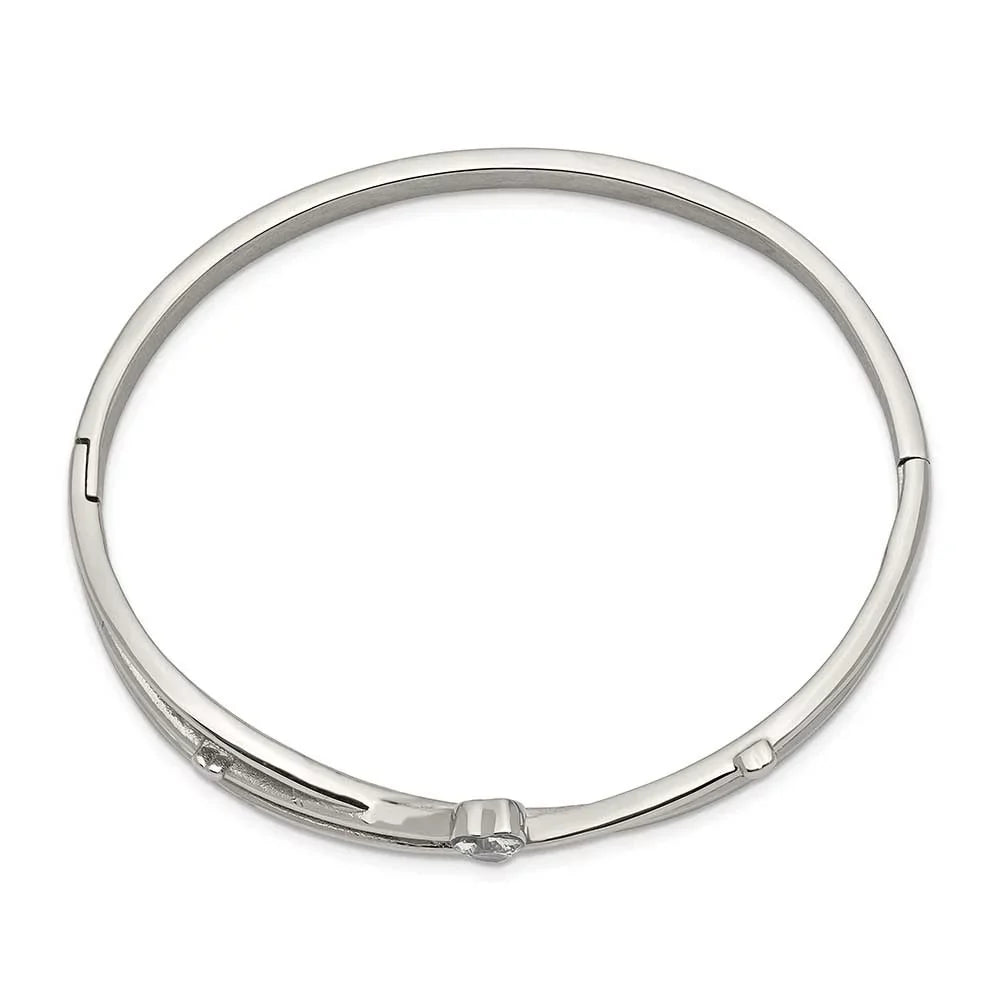 Stainless Polished Steel Primal Bangle CZ Hinged Steel Heart