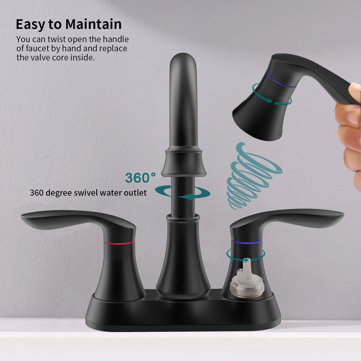 Black Sink 6 360 Degree Centerset with & Swivel Pop-up Hoses，Matte Spout Faucet，2-Handle Supply Kichae Bathroom Drain Vanity Inch Faucet