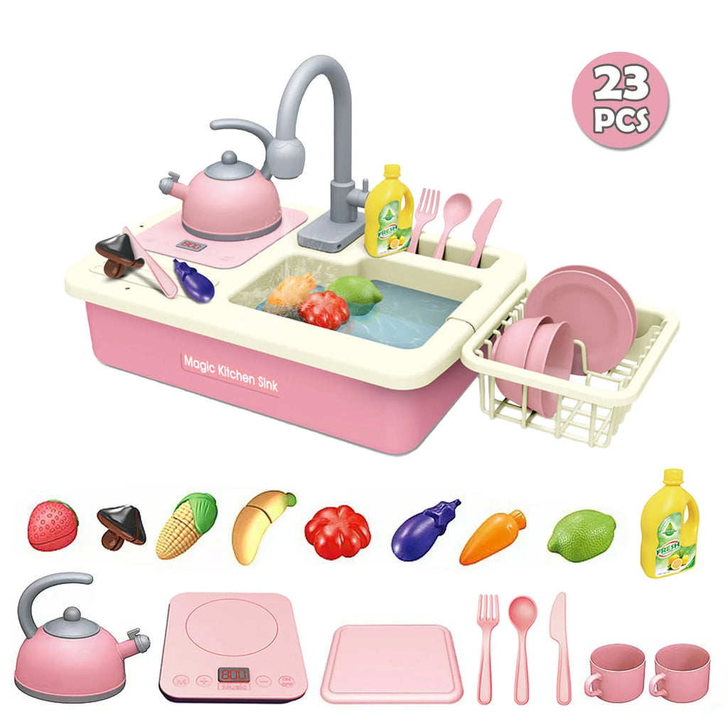 with for Richgv Boys 23PCS Play Sink Food, Induction Kitchen Girls Play with Toy liquid Running liquid, Electric Play Kids Cooker Cutting Play Pretend Toys Role Kitchen Toys Sink