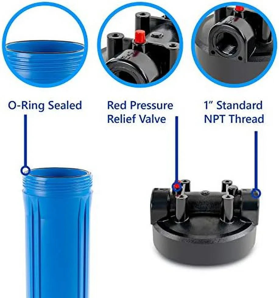 npt duty inlet 20”, universal filter housing whole liquid outlet, housing, wrench, 1-inch button heavy house pressure includes x dimension release 20-inch replacement standard 4.5”