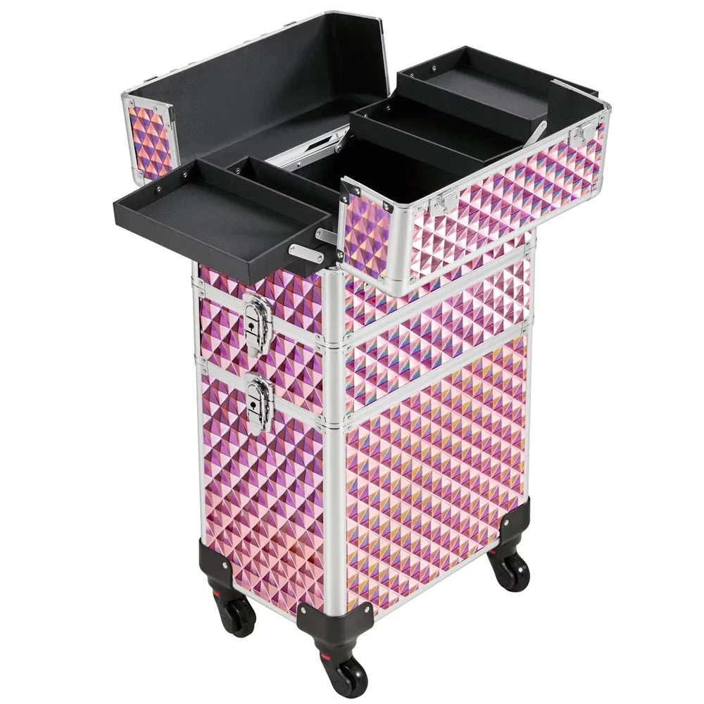 with 3-in-1 Trolley Large Makeup Rolling Case Storage, Topeakmart Pink Train Cosmetic