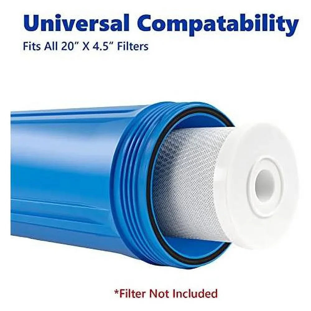 npt duty inlet 20”, universal filter housing whole liquid outlet, housing, wrench, 1-inch button heavy house pressure includes x dimension release 20-inch replacement standard 4.5”