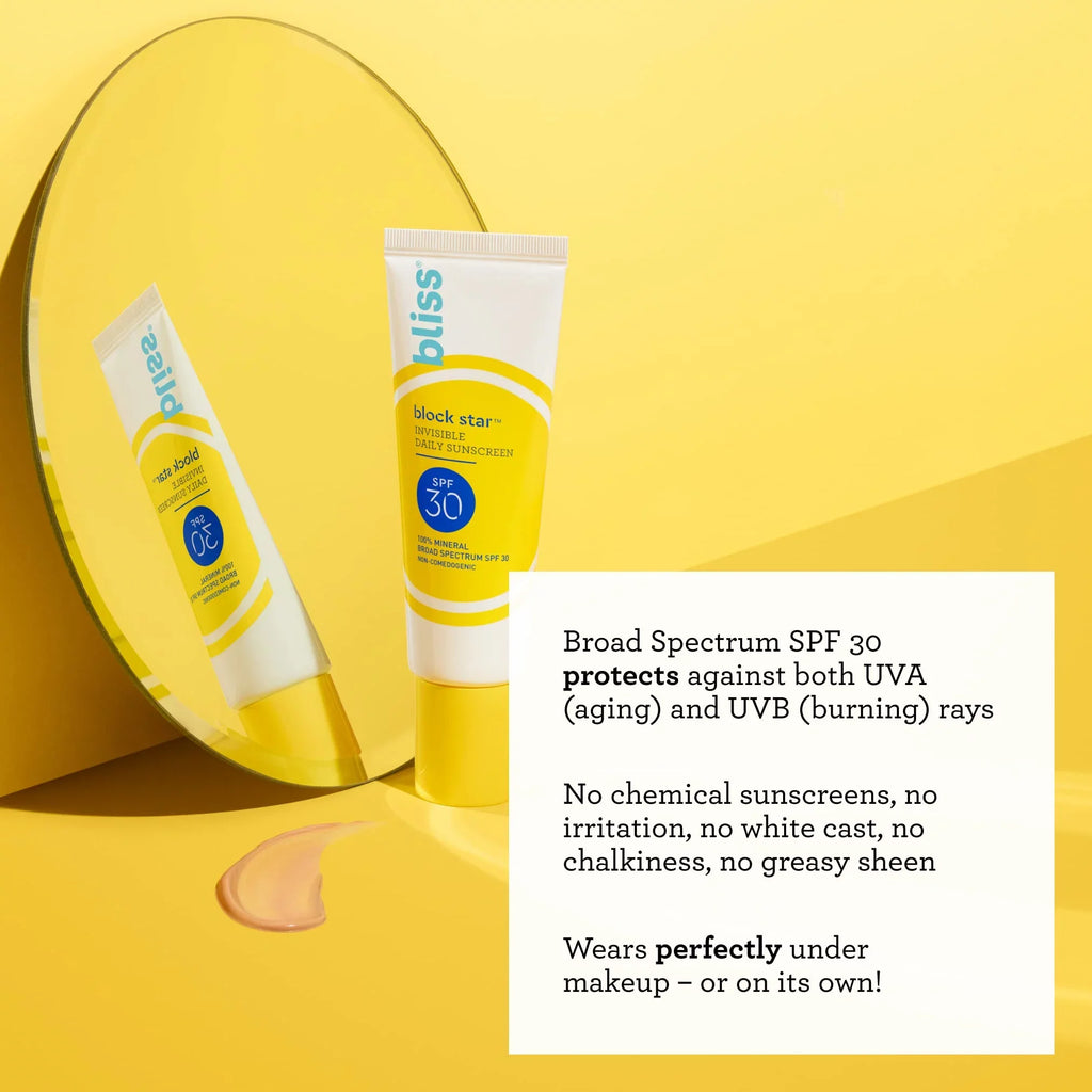 '- Sunscreen Non & Zinc Finish. Spectrum Broad Invisible Tinted 30-1.4 - Spf Bliss Sunscreen Greasy Oz. Fl Oxide Dioxide Face 100% Block With Mineral Star Titanium