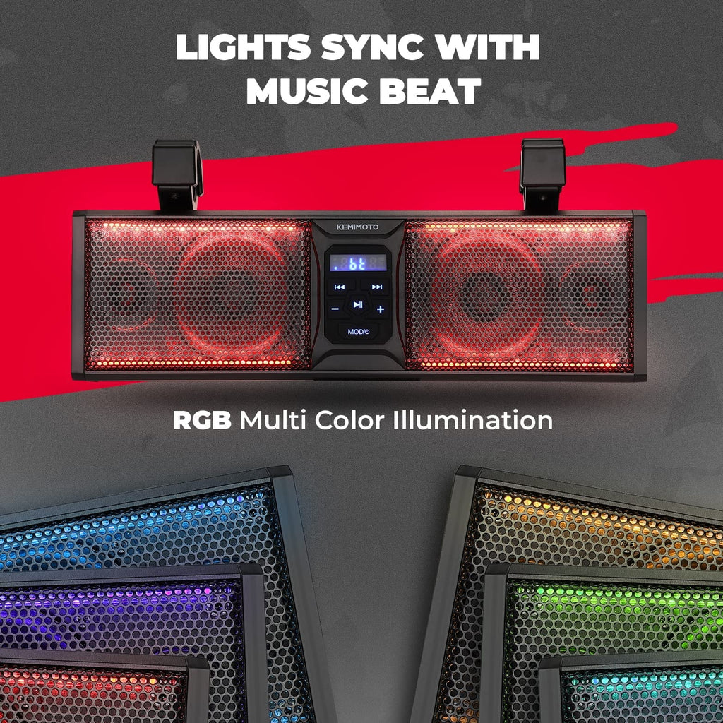 Sound kemimoto Connectivity Defender Waterproof Sound Lighting UTV Ranger Maverick UTV with Bar ATV LED Polaris System with Can-Am SXS Bluetooth RZR Multicolor Compatible Speakers SoundBar Inch 16