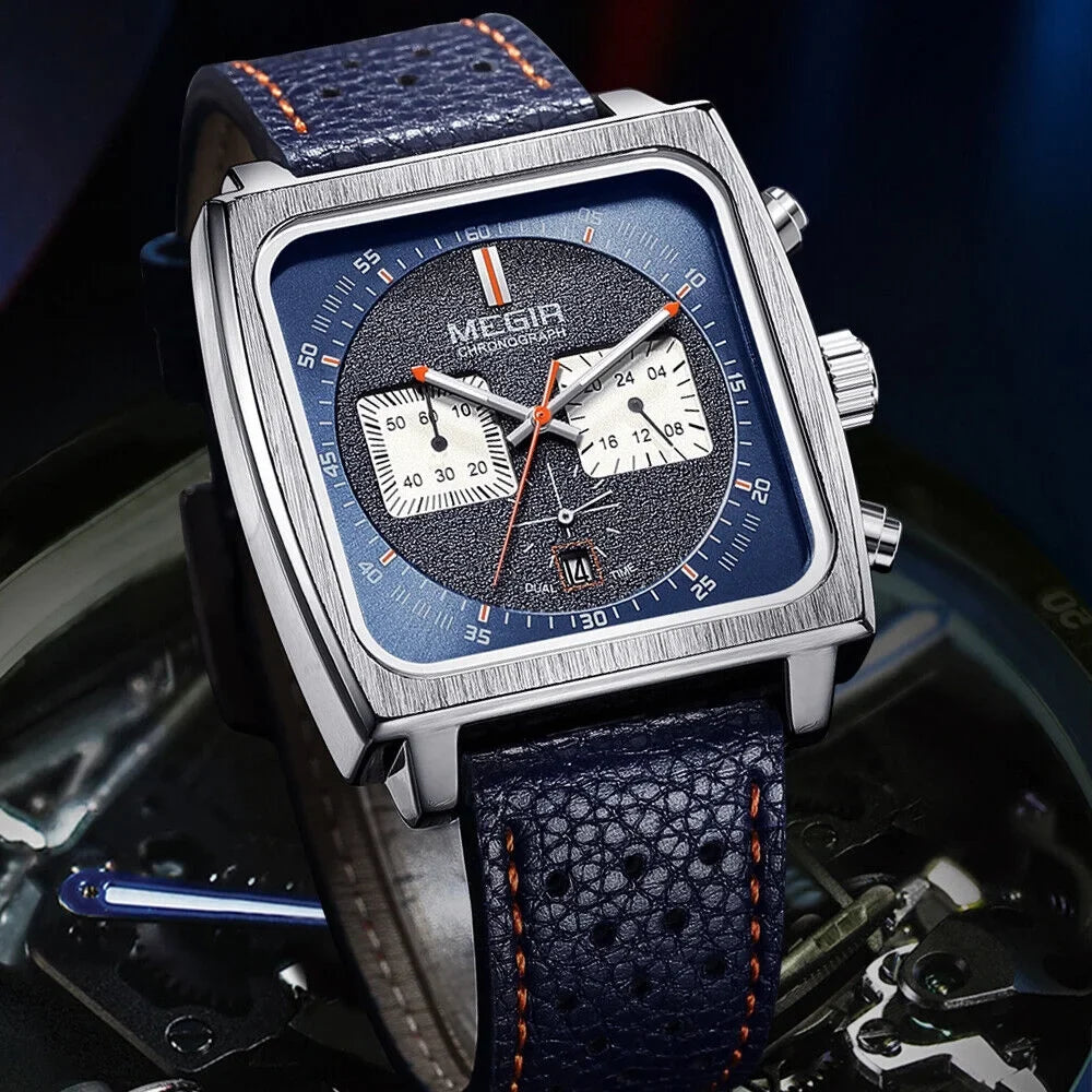 Display Watch Men's Date MEGIR Leather - Watch KingFurt Dial Square Waterproof Blue Luminous, Quartz -