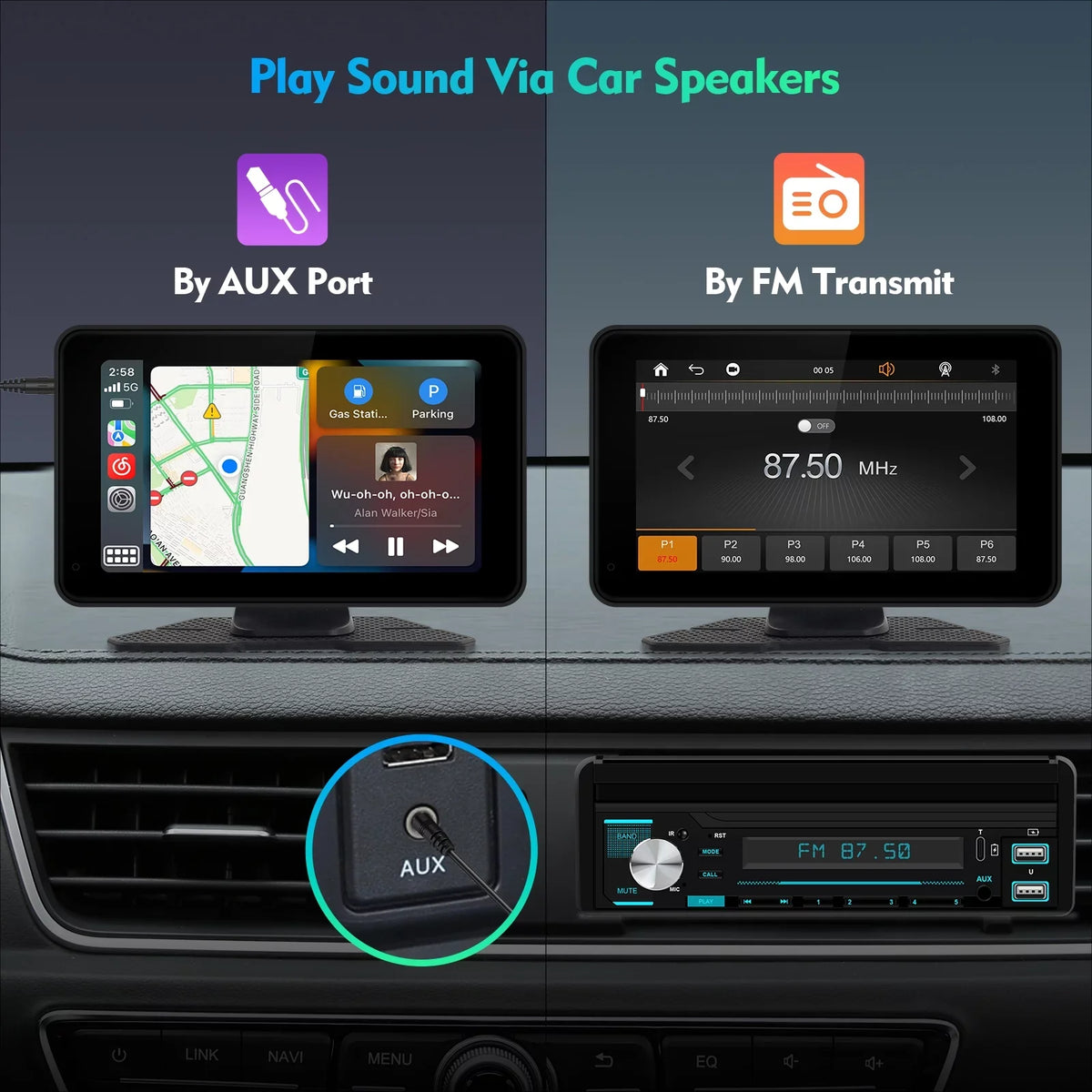 Navigation, Radio Camera Portable Car Full AUX, Control, Auto Car Screen 7 Android & Stereo, Car Voice Touch Bluetooth, with Carplay Backup Receiver Inch Transmitter, FM Portable HD Wireless