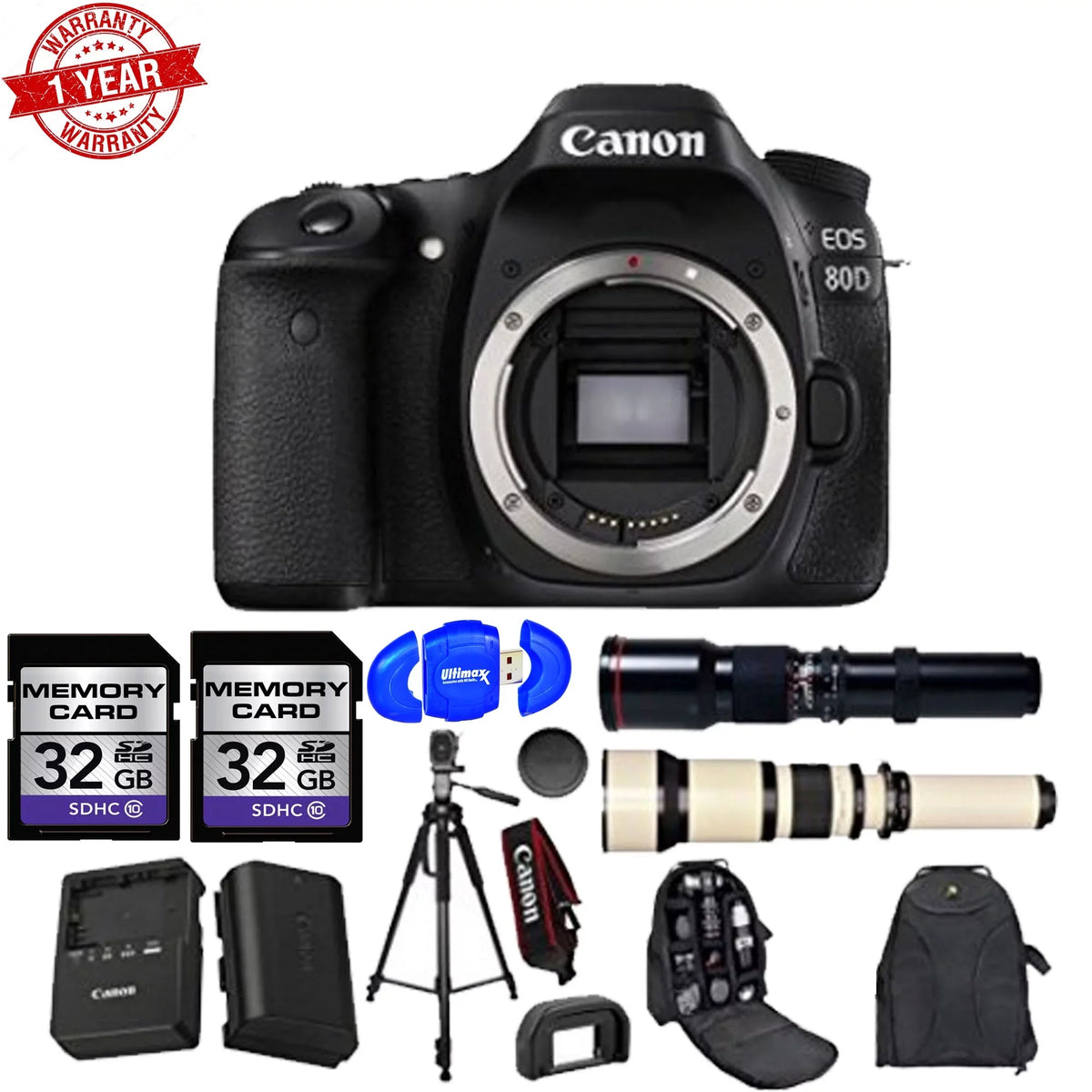 Telephoto Lens Full (15 DSLR 1080P EOS Items) Accessory 80D + w/500mm 24.2MP Canon 650-1300mm and Zoom HD Wildlife Wi-Fi Bundle Lens Preset