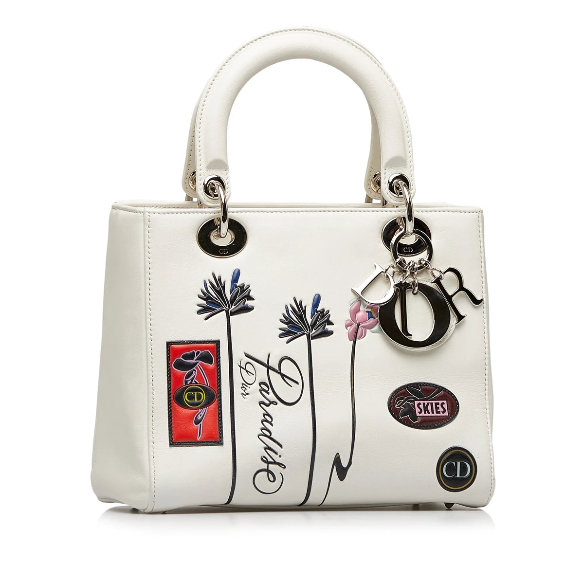 Dior White Lambskin Authenticated Leather Satchel Lady Unisex Pre-Owned Paradise (Good) Medium
