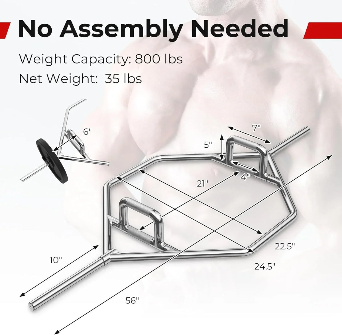Hex Bar Folding 800Lbs Power Shrugs Hex Weight Squats, Bar Deadlifts, For Olympic Lifting Weight Two-Handle, Finish Trap Bar With Deadlift Capacity Chrome 56" Pulls, Bar,