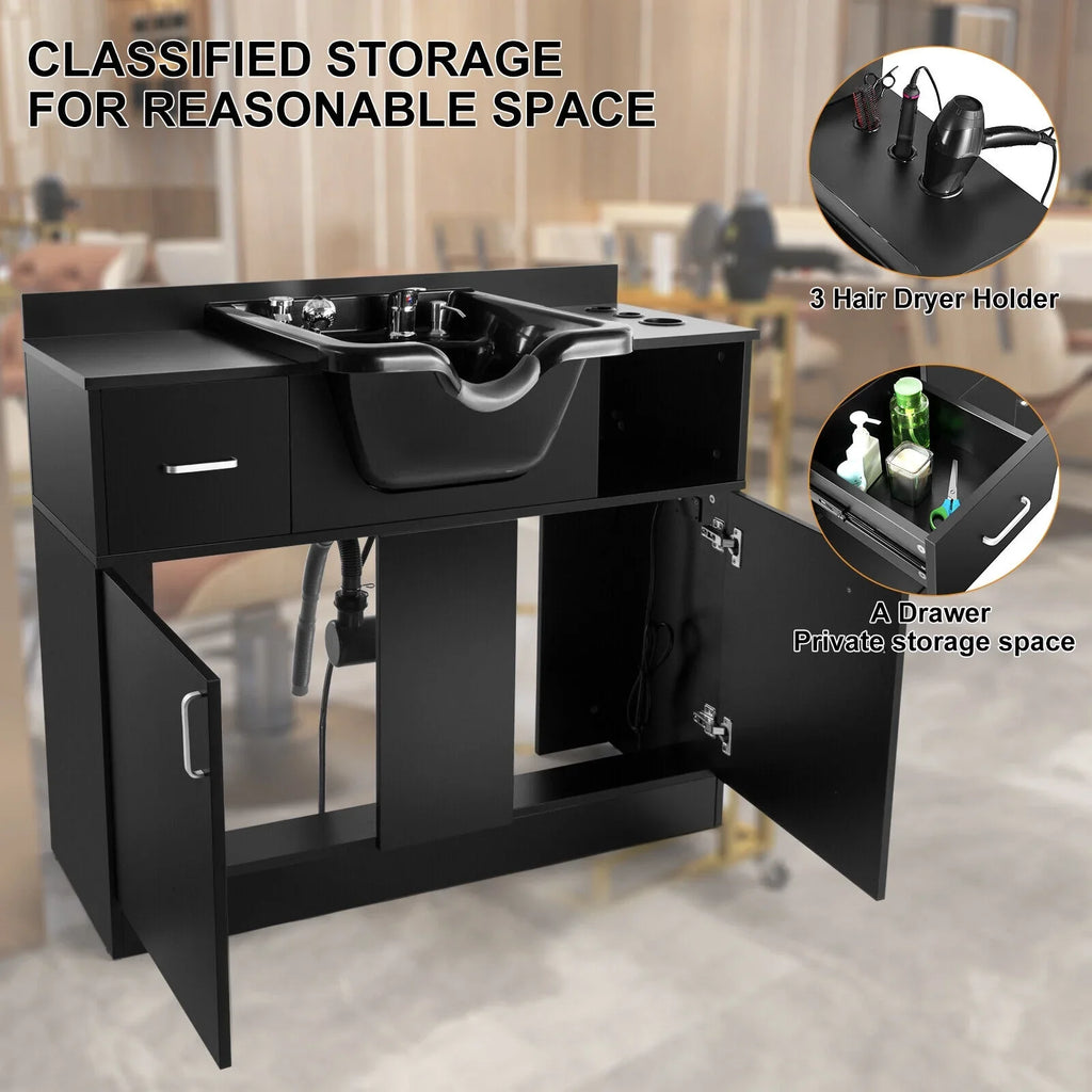 Station Sink with Artist Holes,P hand Shampoo Trap,Drawer(Black) Hair Beauty USB,Hair Salon Backwash Dryer