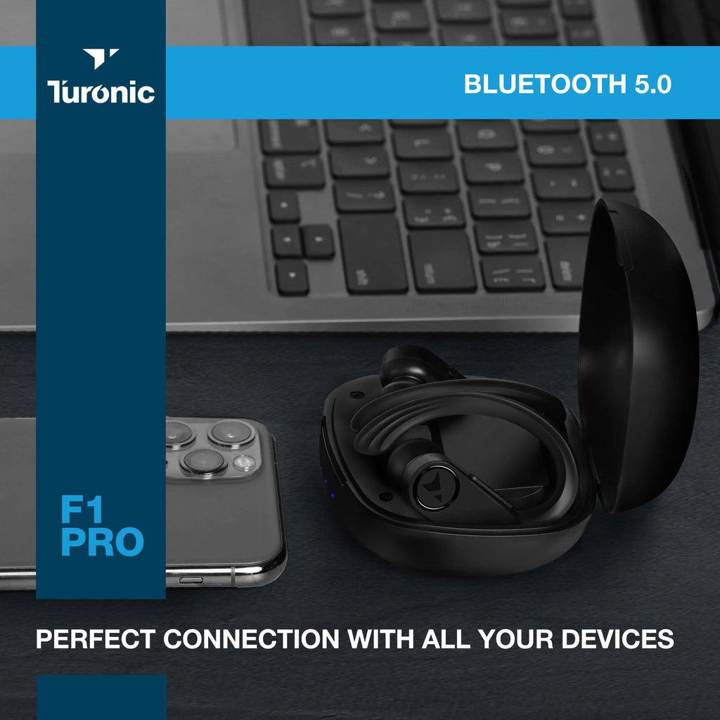 F1 IPX7 Headphones 45H Turonic True Earphones Pro Playtime, Wireless with Sport for - Charging Wireless - - Earbuds Black Gym, - w/Microphone Running, case, Earhook Waterproof Workout Mic, Bluetooth