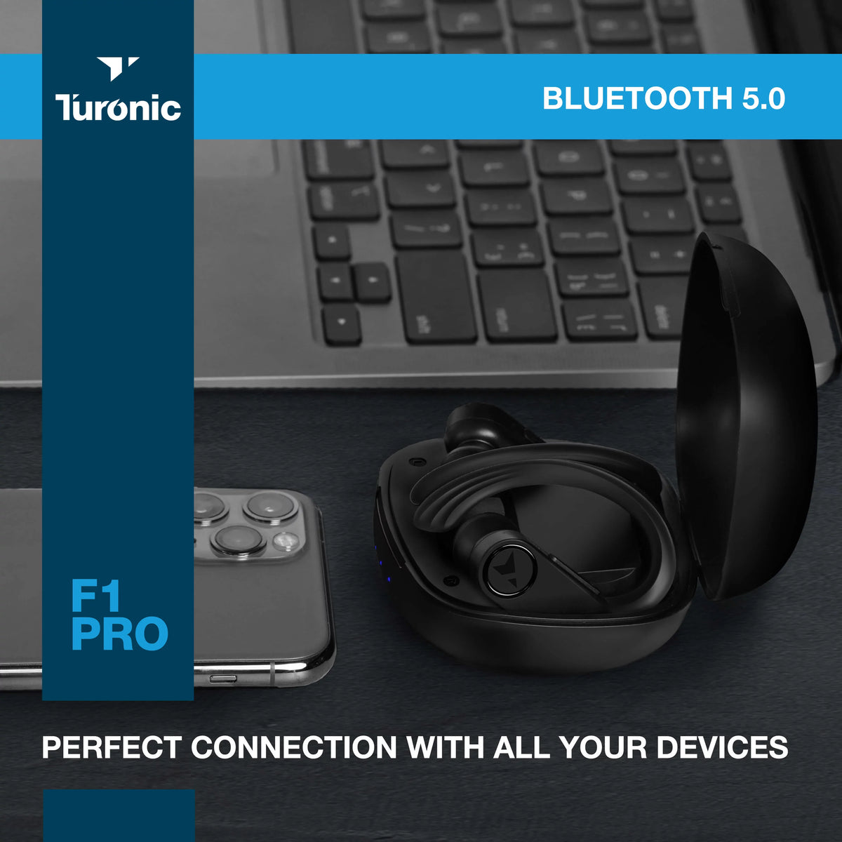 F1 IPX7 Headphones 45H Turonic True Earphones Pro Playtime, Wireless with Sport for - Charging Wireless - - Earbuds Black Gym, - w/Microphone Running, case, Earhook Waterproof Workout Mic, Bluetooth