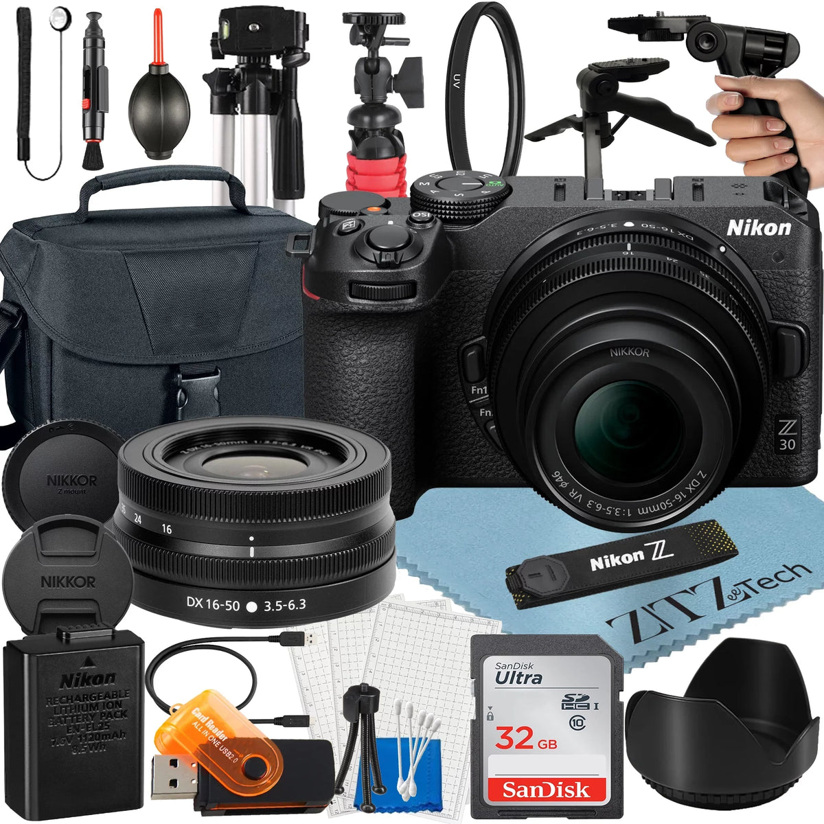 VR Card Nikon Mirrorless Bundle 32GB Zoom + with + Camera ZeeTech Z30 + Tripod Case Accessory + SanDisk 16-50mm Lens NIKKOR