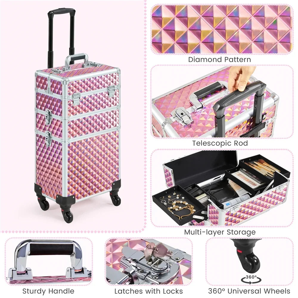 with 3-in-1 Trolley Large Makeup Rolling Case Storage, Topeakmart Pink Train Cosmetic