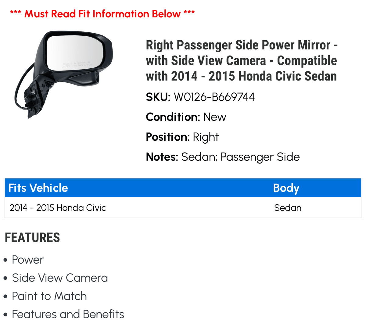 with - - - View with Side 2014 Power Side Camera 2015 Mirror Compatible Passenger Sedan Civic Right Honda