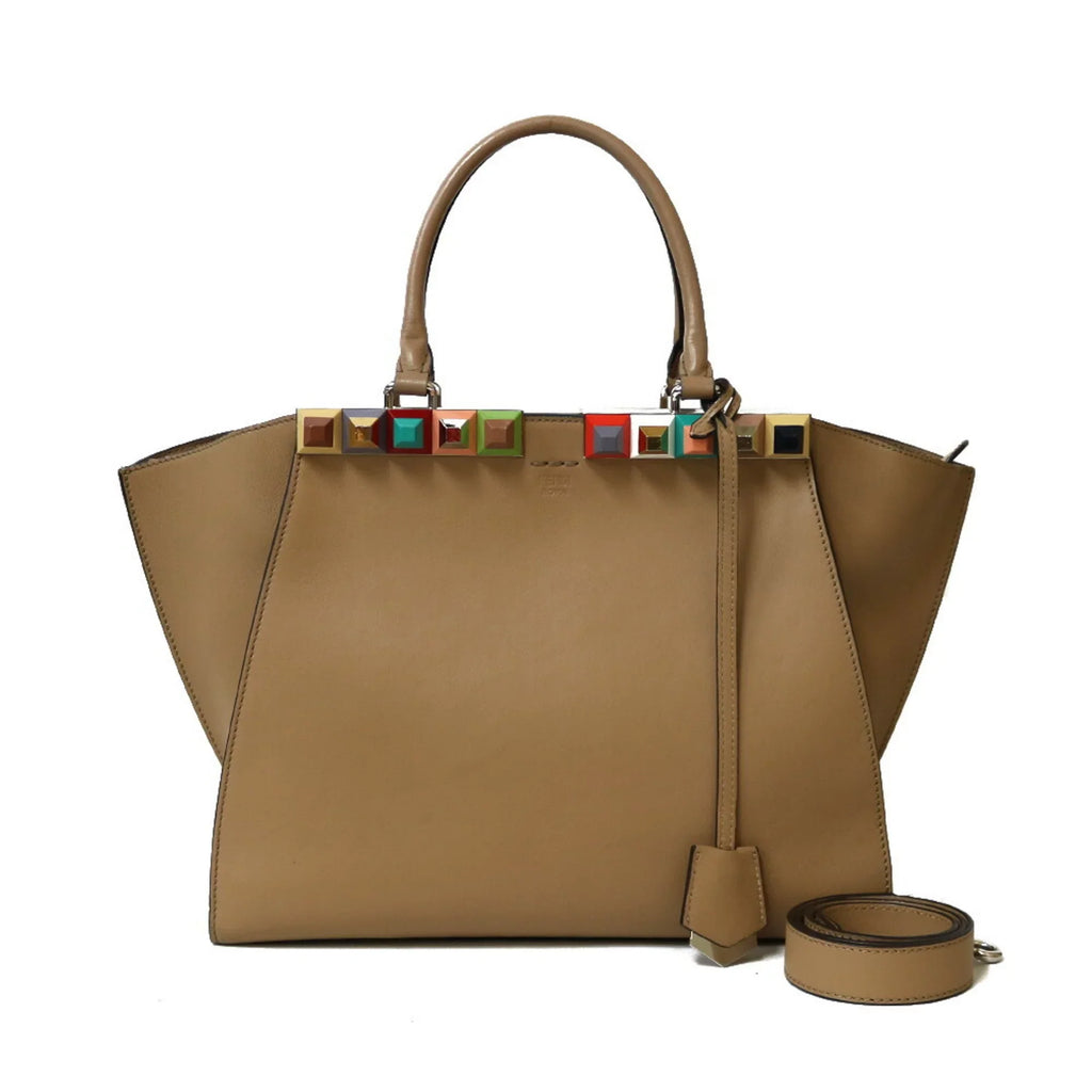 FENDI Beige Trois Bag Shoulder Women's Leather Pre-Owned (Good) Heors