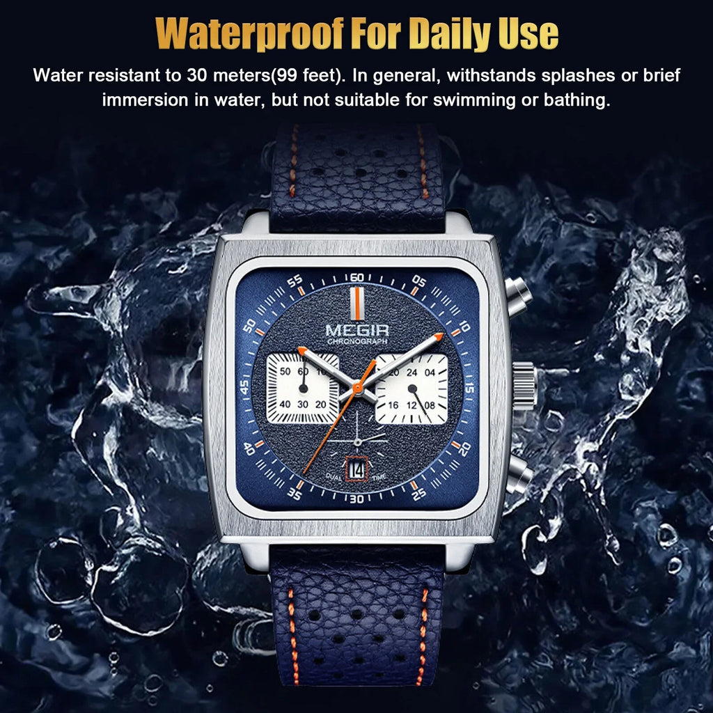 Leather Wrist MEGIR Watch Waterproof Quartz Fashion Luminous Men Calendar Square