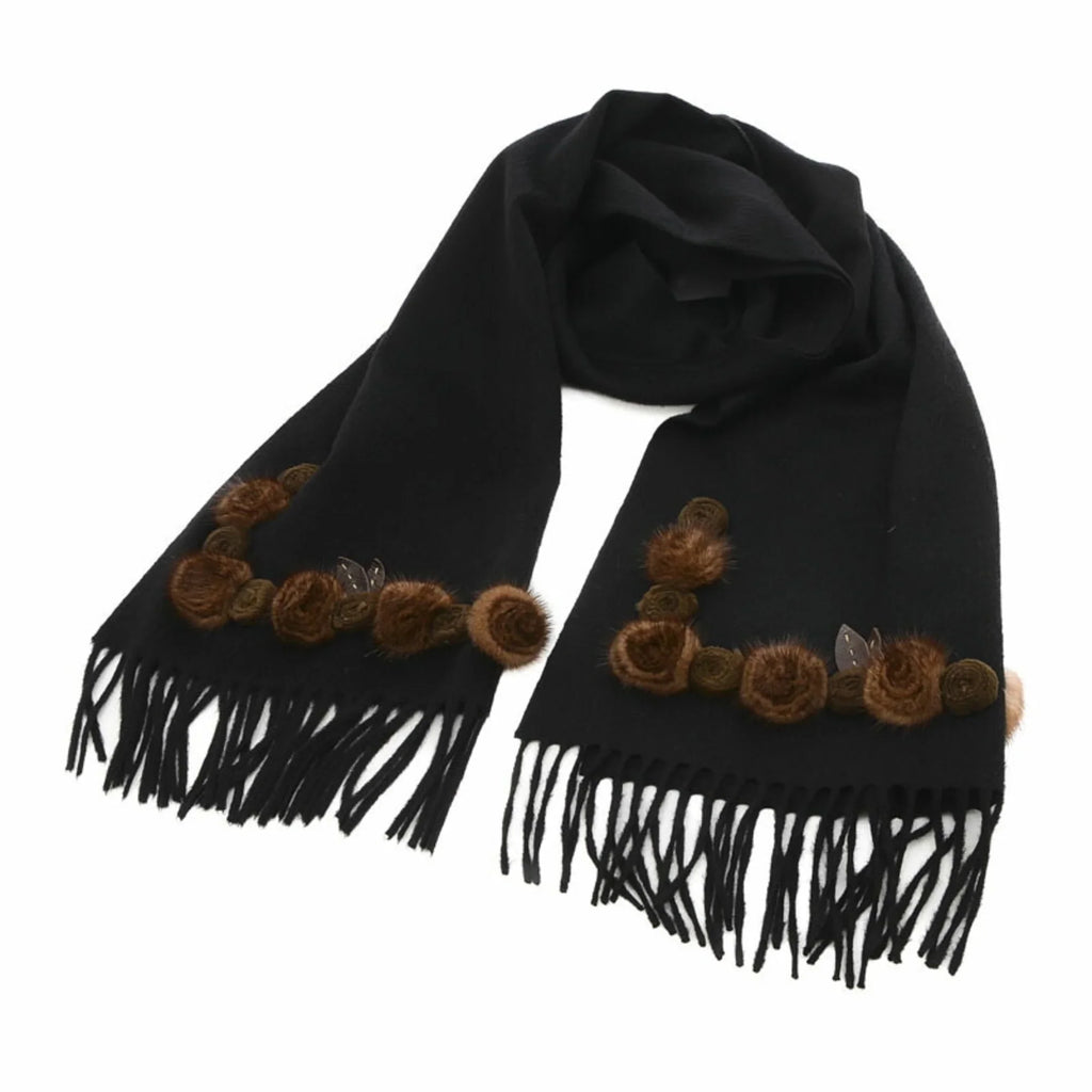 Cashmere 100% Pre-Owned Scarf Stole (Good) Motif Black Flower Fendi