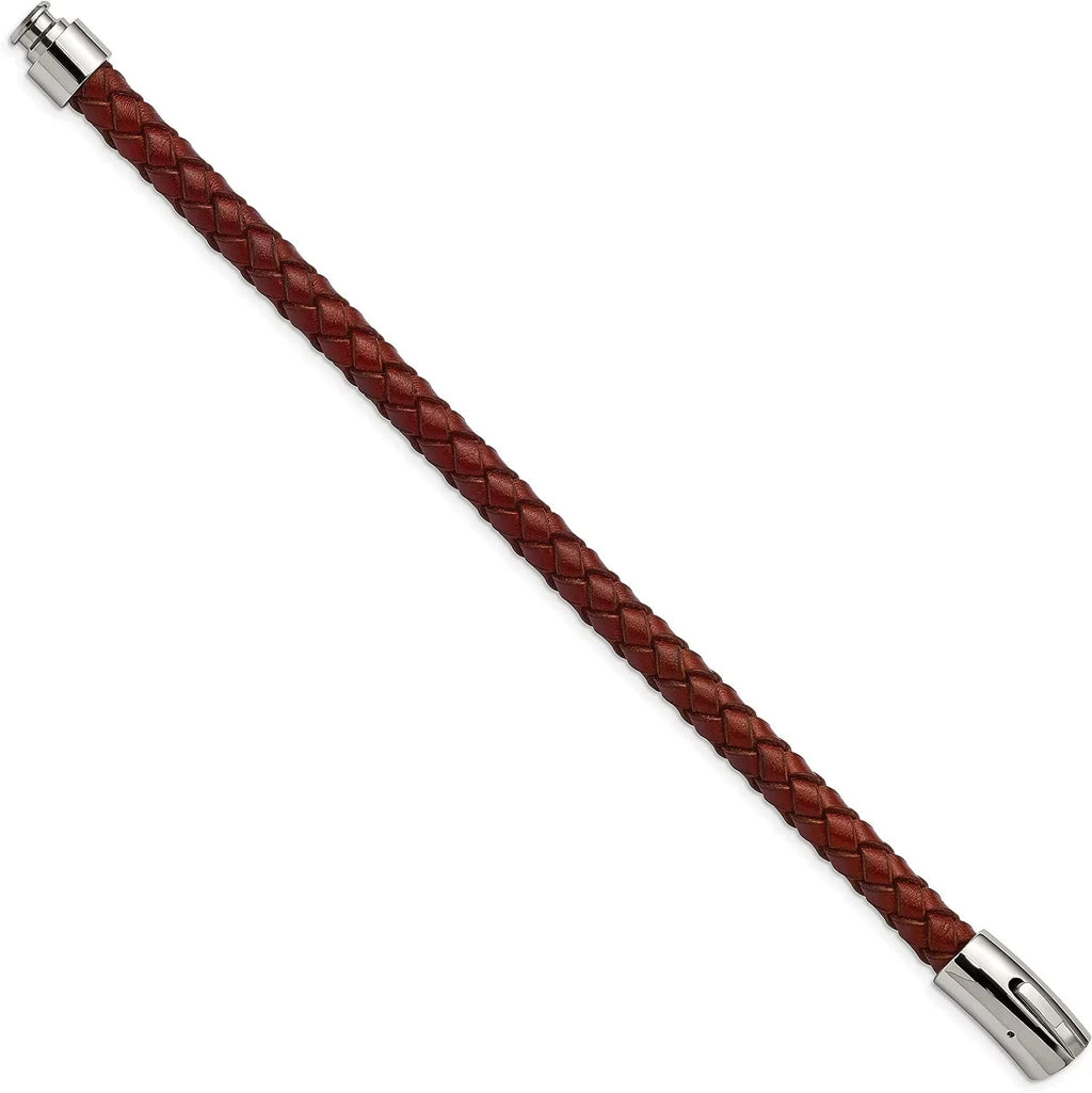8.5" Polished Brown Bracelet Steel Leather Stainless Chisel - Braided