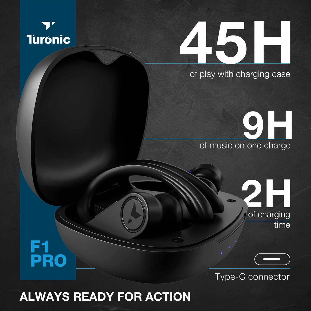 F1 IPX7 Headphones 45H Turonic True Earphones Pro Playtime, Wireless with Sport for - Charging Wireless - - Earbuds Black Gym, - w/Microphone Running, case, Earhook Waterproof Workout Mic, Bluetooth