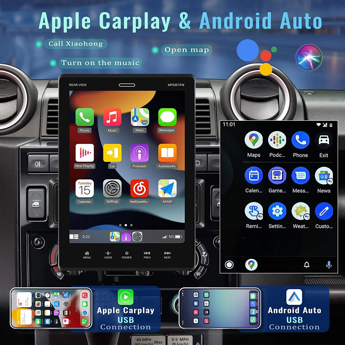 Android USB 12 Touch Stereo Din Mirror Bluetooth 9.5'' with Radio FM,with HD Car Car Player Rear MP5 Single LED Camera Car Link Auto Podofo Screen Carplay