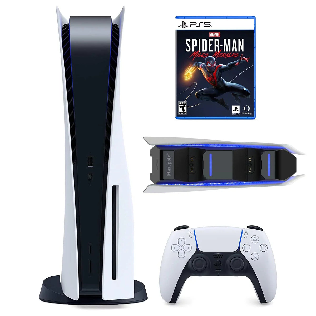 P-S-5 of and Clank: Console, One 825GB Galaxy Charger Wireless Mazepoly Dual Ratchet Rift & Dock Guardians Controller, with Marvel’s Apart Games Blu-ray, UHD Play-Station-5 the Disk