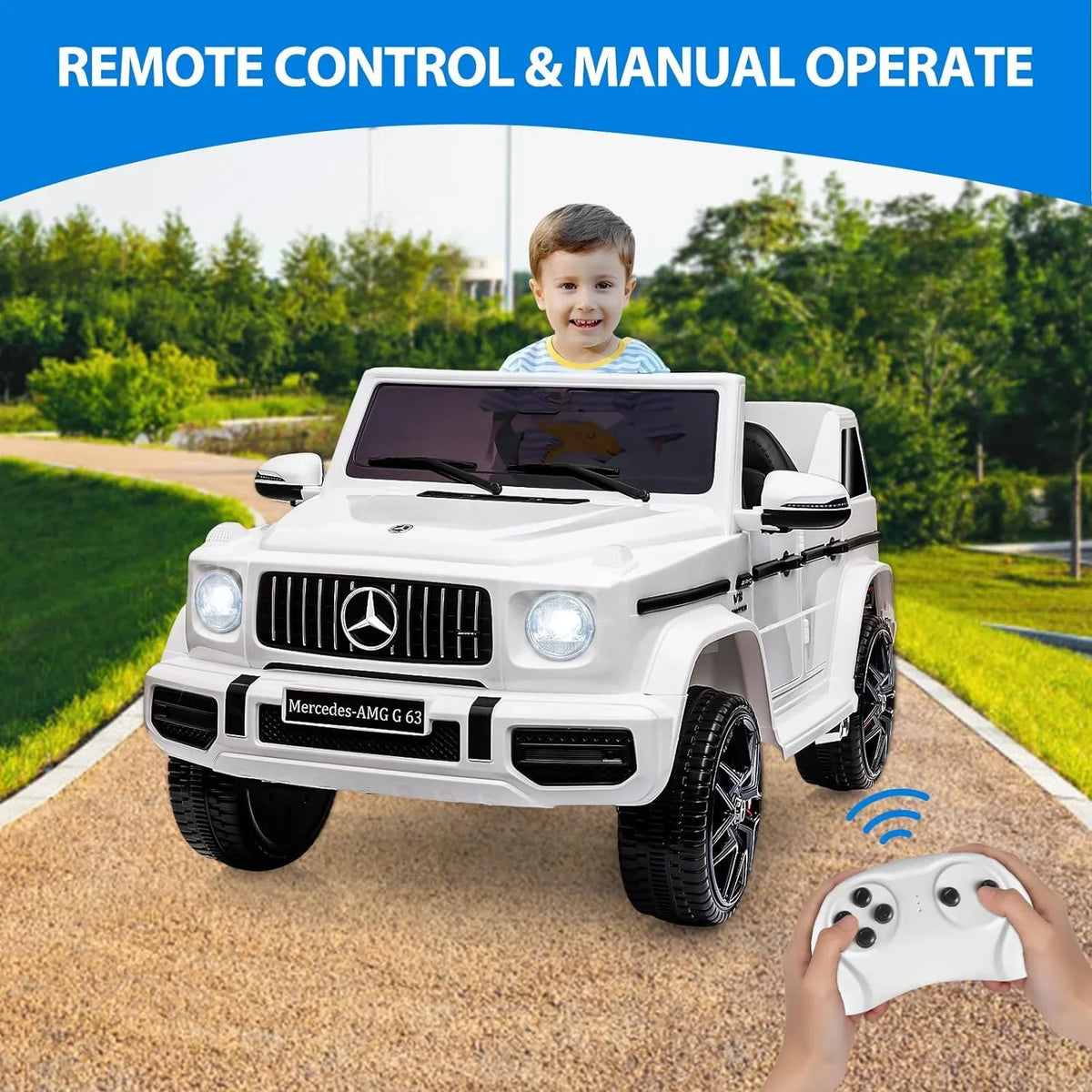 Music, Battery on White Light, G63 Powered AUX, Electric Benz Vehicle, Lock Car, Bluetooth, Ride Car LED w/Remote Kids Electric Safety Control, Suspension, Licensed 12V Spring Horn,