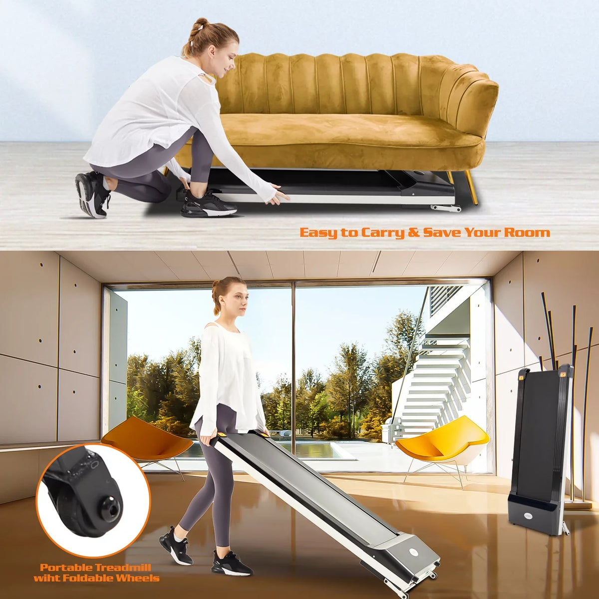 Portable Small Sport Treadmill Space Under & Flat Apartment LED Desk for Walking APP, without Assembling Machine Slim Treadmill Running Display and Pad with CoSoTower