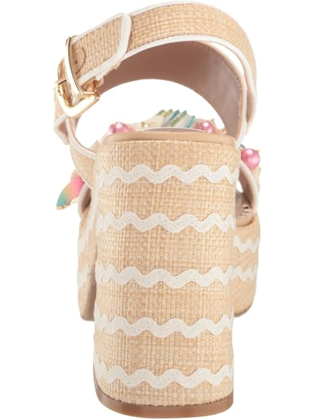 10 Beige Platform Sandal Mixed Woven Heel Toe Shellie Embellished 2" M JOHNSON Buckle Slingback BETSEY Media Round Block Womens