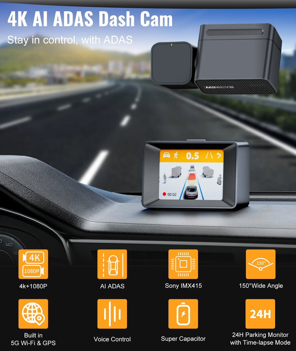 Recording, Device, Dual Avoidance Cars Vision, Loop C2M Rear, 4K+1080P OTA 4K for 5G - Super Collision GPS, APP ADAS, Update Built-in MINIEYE Dash Camera LCD, Cam WiFi AI Front 2.4'' Dash Night and