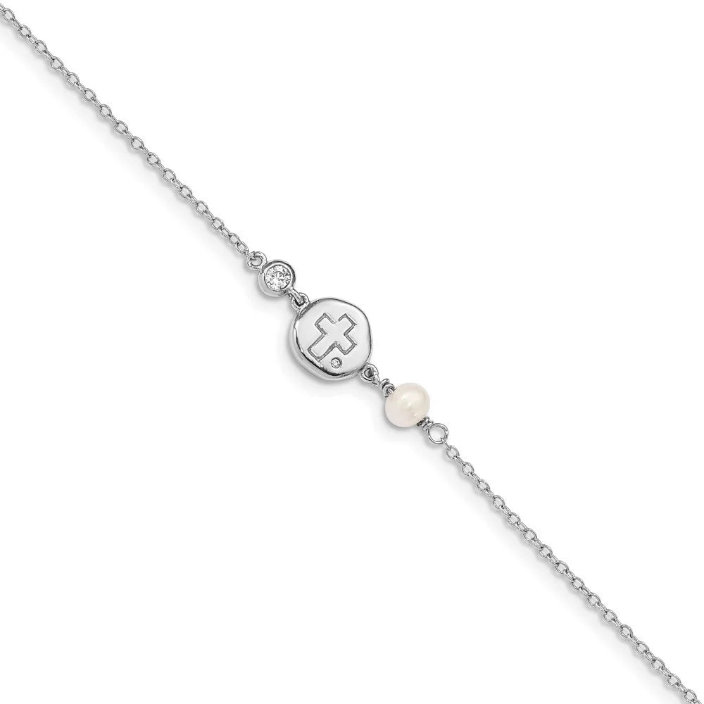 925 Women CZ/Cross/FWC Pearl RH-plated for ext Sterling Bracelet Auriga Silver w/0.5inch