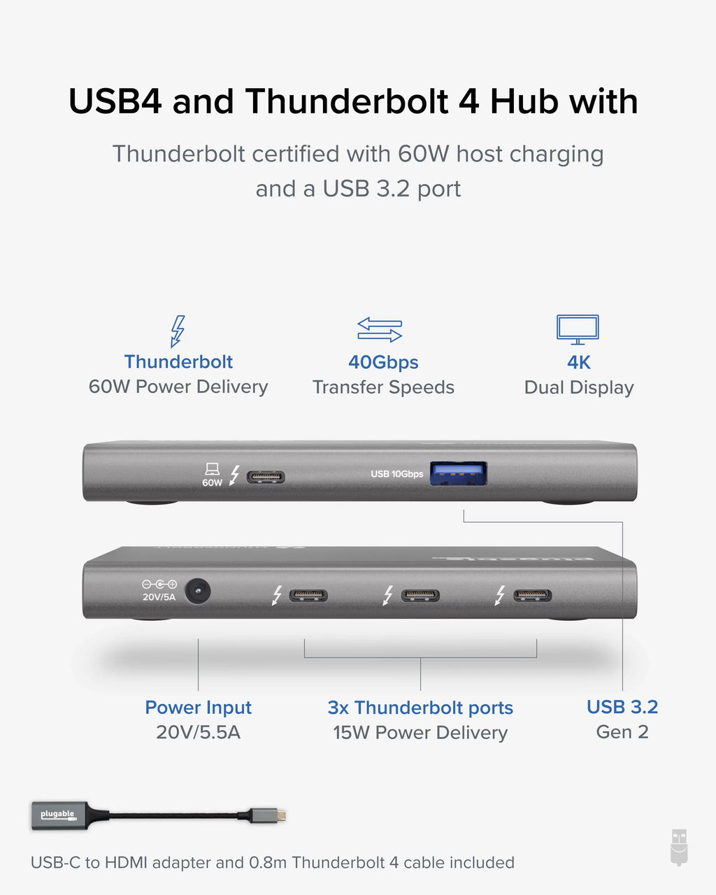 8K Thunderbolt Compatible 4 Single / 60W 5-in-1 Adapter) Thunderbolt HDMI to (1x with Hub 4K 4 USB4 USB4 Display, and Dual Thunderbolt or Macs Windows USB-C Charging, with Plugable