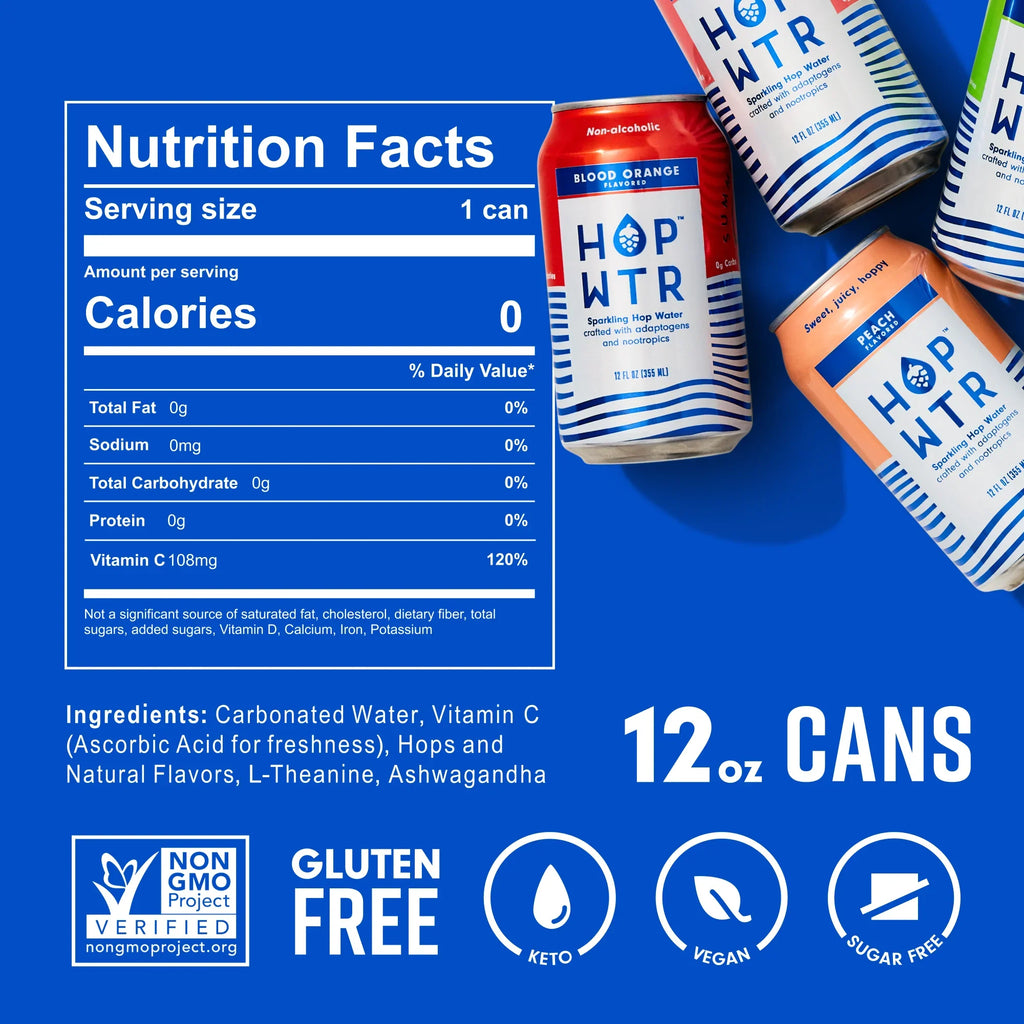 NA or Carb, Flavor Calories Beer, - oz Pack) for Hop liquid WTR Sugar, Nootropics and Added Adaptogens With Cans) Pack - No Benefits (12 Low Sparkling (12 - HOP