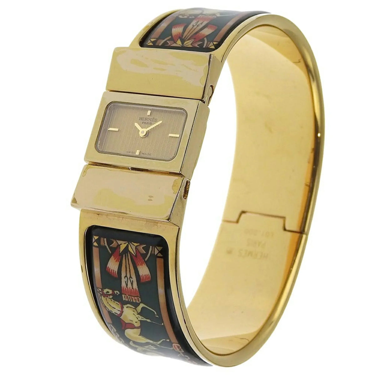 Cloisonné Ladies Gold Analog LO1.201 Made Green HERMES Quartz Watch Plated Pre-Owned Display Location (Fair) Dial Swiss