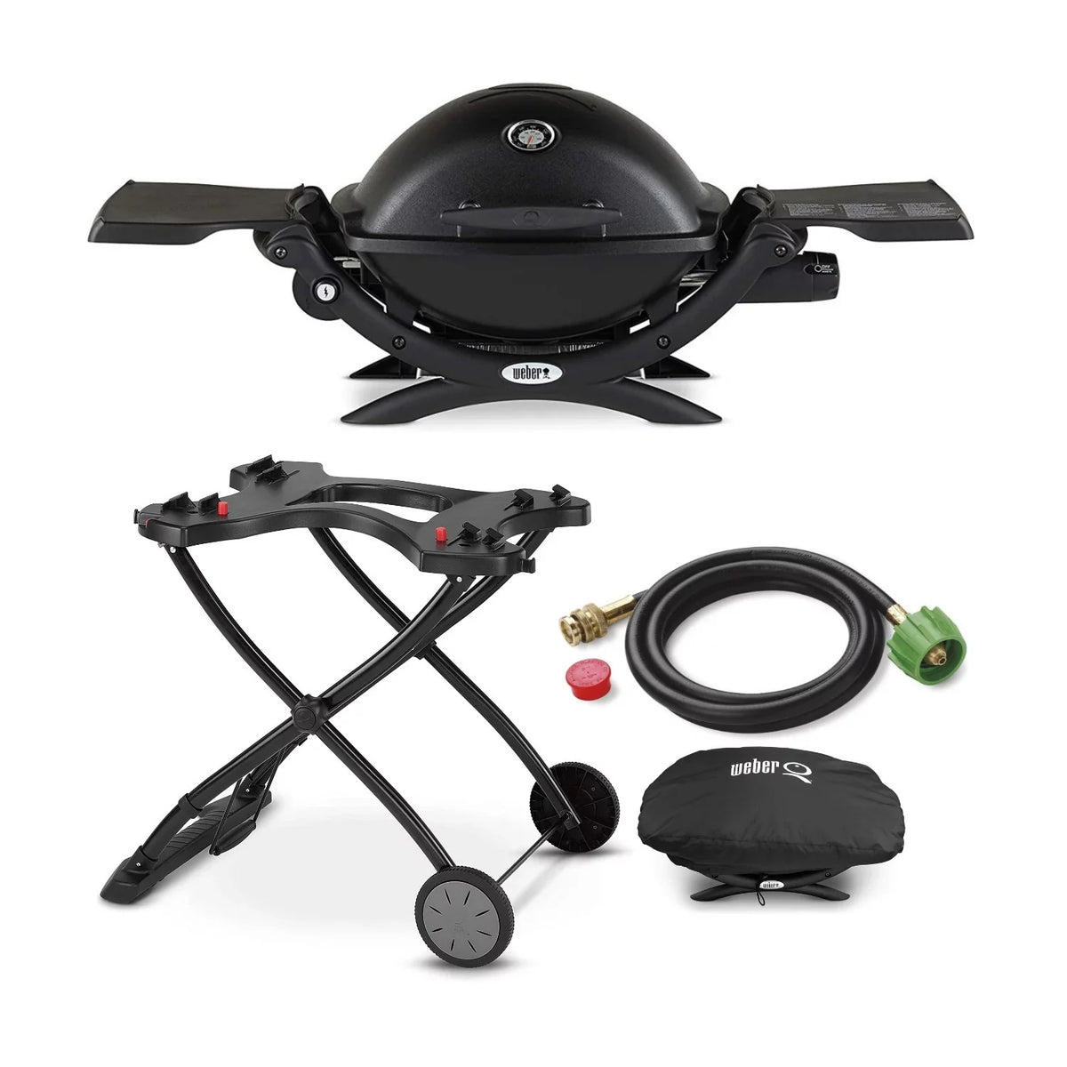 Q1200 (Black) Hose Liquid Weber Adapter Portable Propane with Bundle Cart, Grill