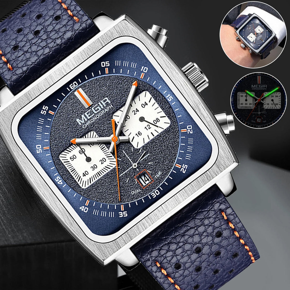 Leather Wrist MEGIR Watch Waterproof Quartz Fashion Luminous Men Calendar Square