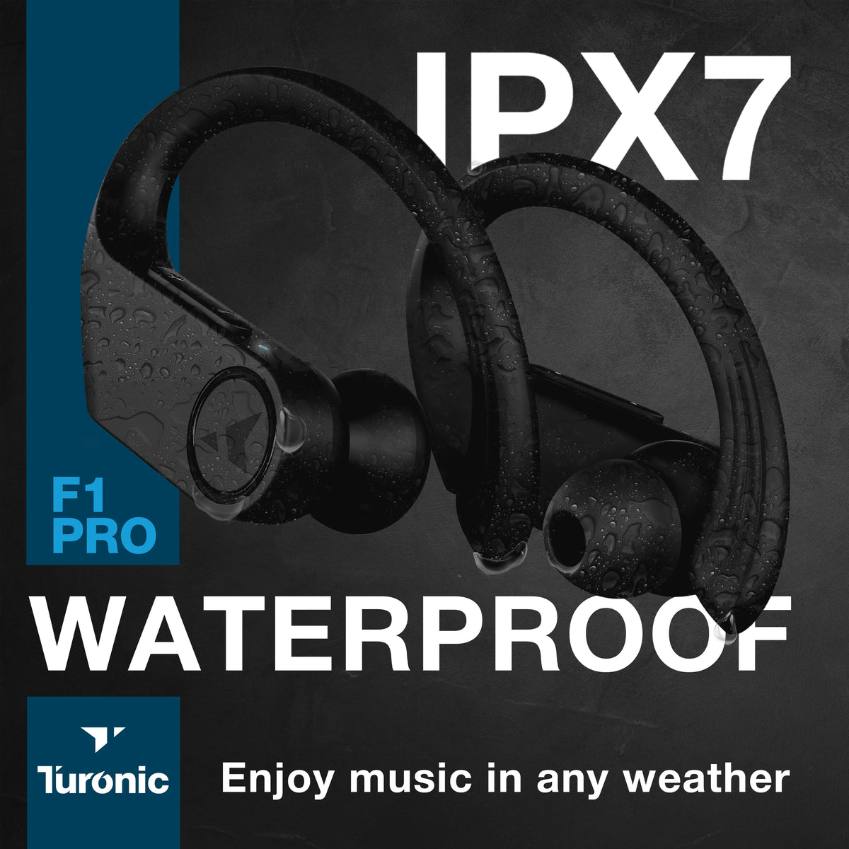 F1 IPX7 Headphones 45H Turonic True Earphones Pro Playtime, Wireless with Sport for - Charging Wireless - - Earbuds Black Gym, - w/Microphone Running, case, Earhook Waterproof Workout Mic, Bluetooth