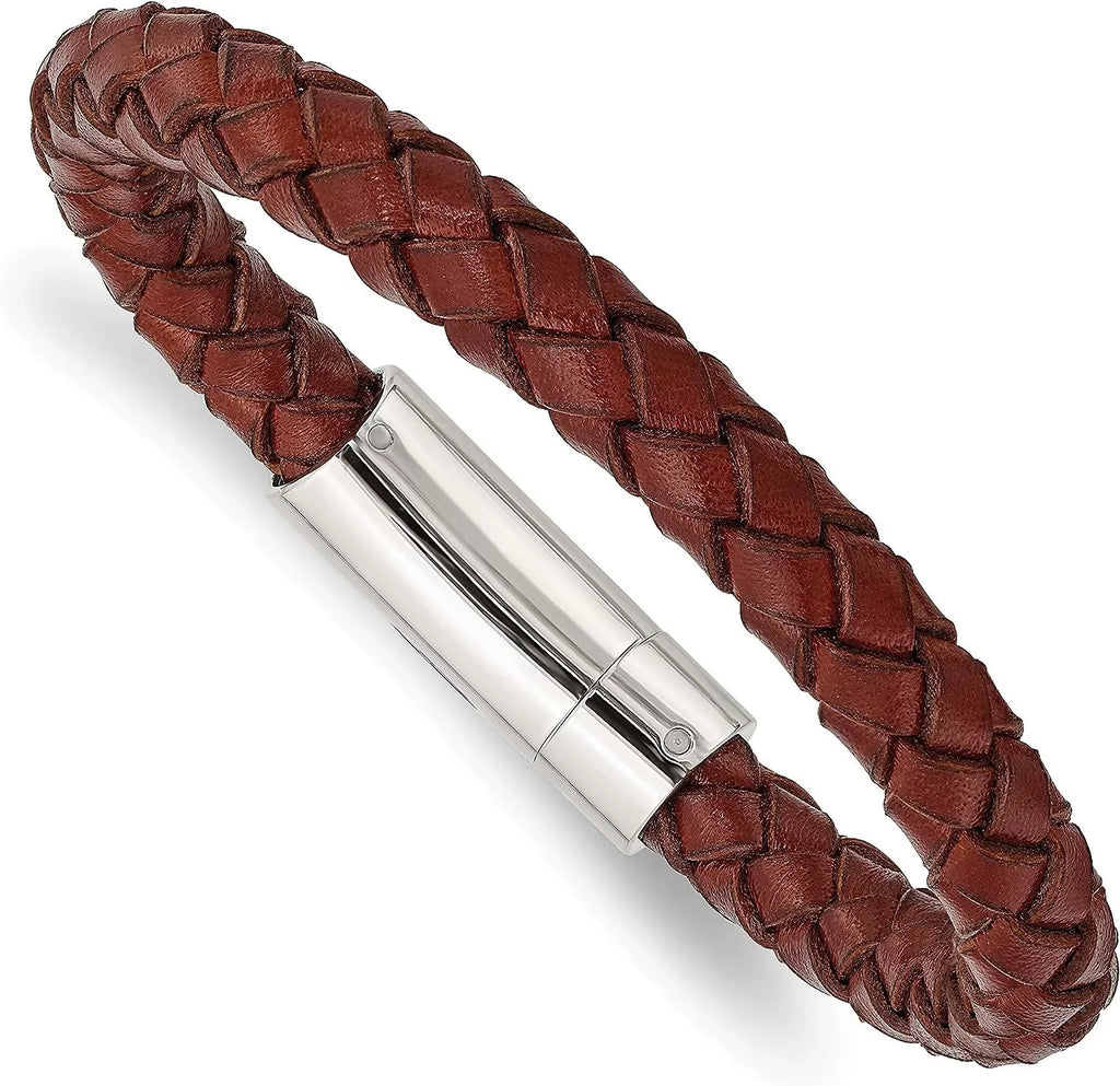 8.5" Polished Brown Bracelet Steel Leather Stainless Chisel - Braided