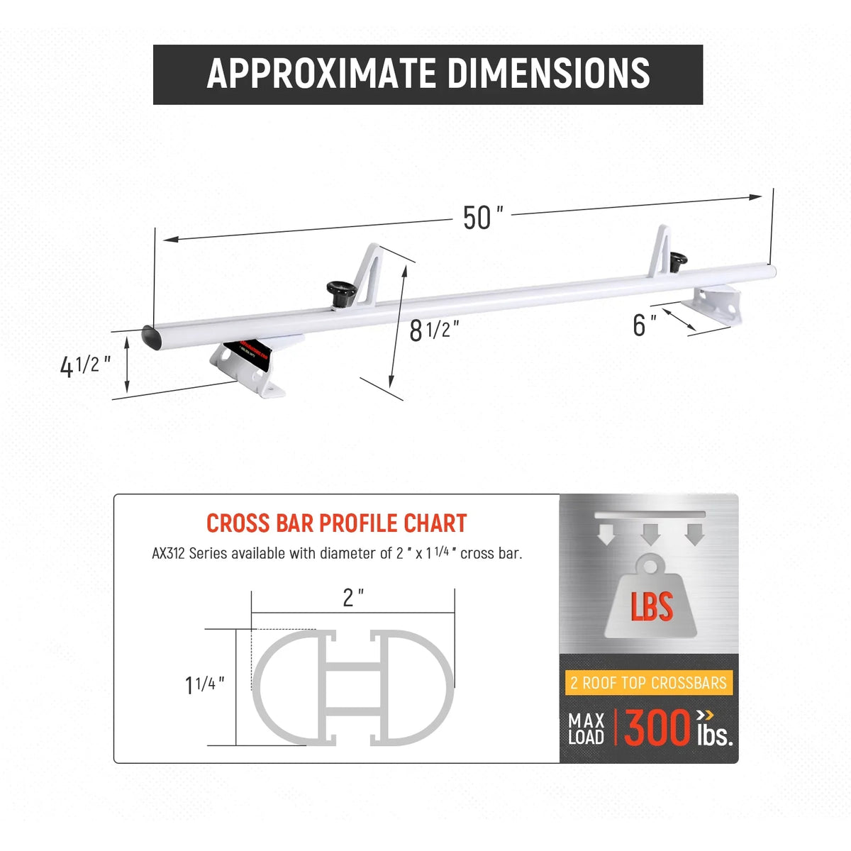 AX312-PR (50") White ProMaster AA-Racks Van City Aluminum w/ 2015-On Stopper 2 System RAM Ladder Roof Model Rack Bar