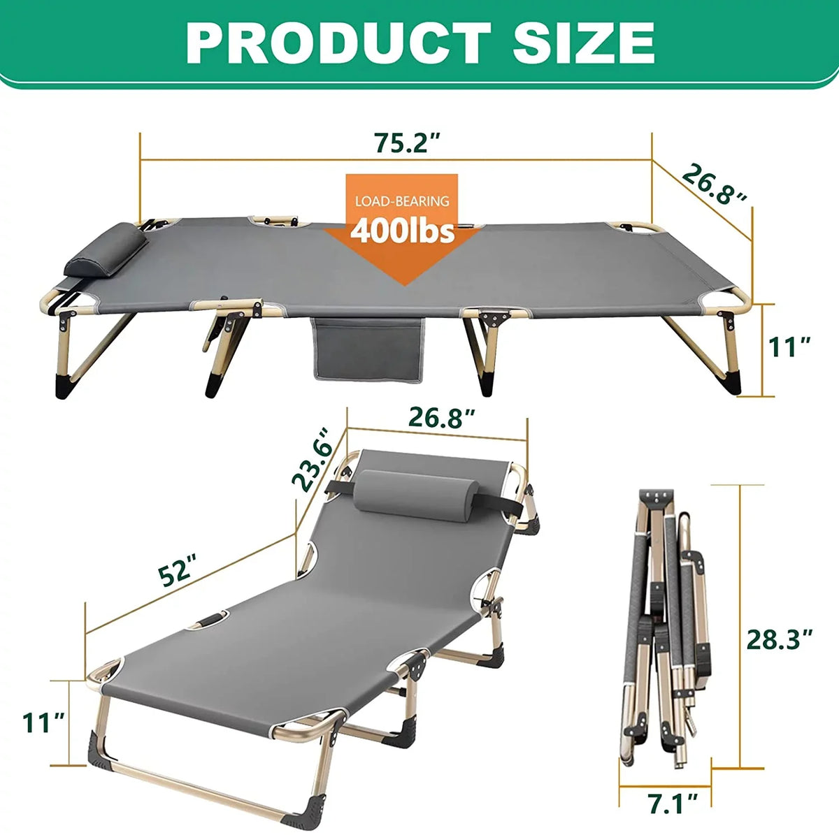 Lounge with ABORON for Mattress, Adjustable Portable Chaise Cot, 4-Fold exterior/Indoor Beach Chair,Camping and Folding Recliner Patio Pillow Garden